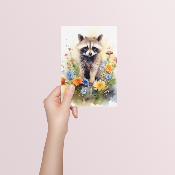 Watercolor Floral Raccoon Wall Art Illustration Print Poster Card Unframed - Picture 5 of 6